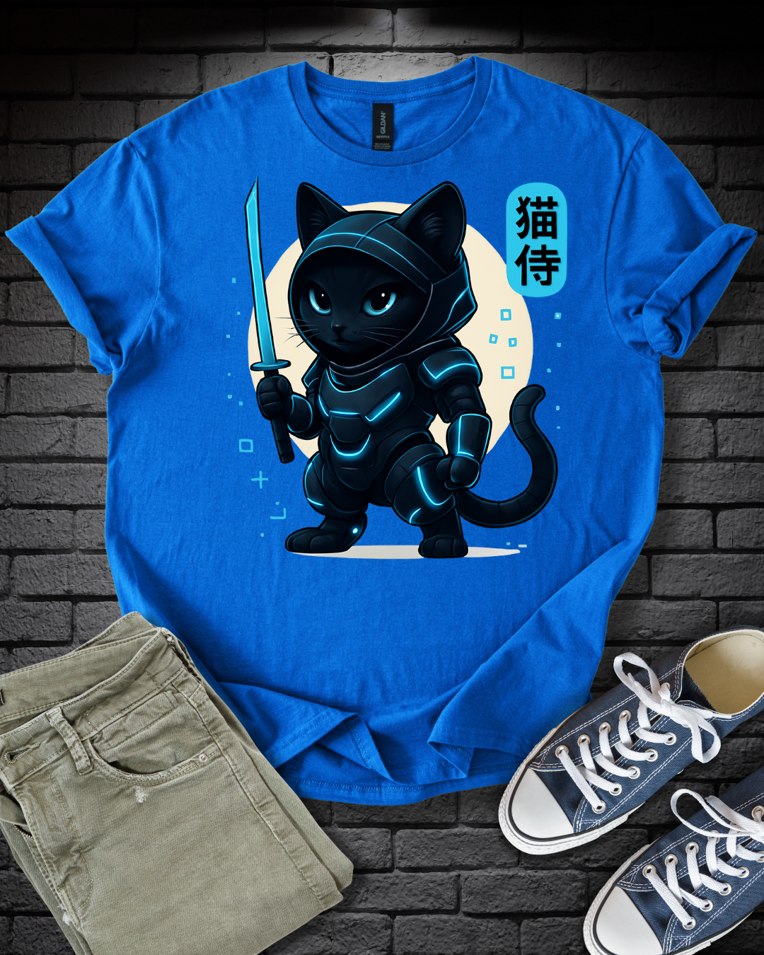 Anime Samurai Blue Cat T-Shirt