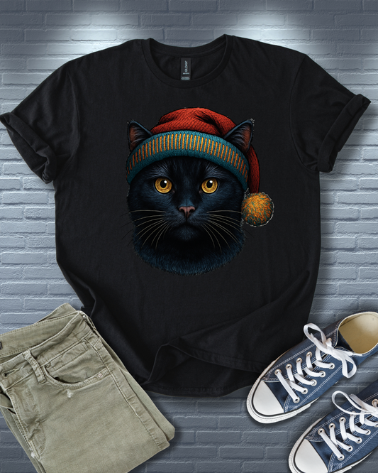 Black Cat Christmas Hat T-Shirt