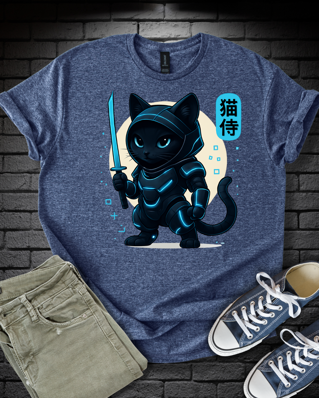Anime Samurai Blue Cat T-Shirt