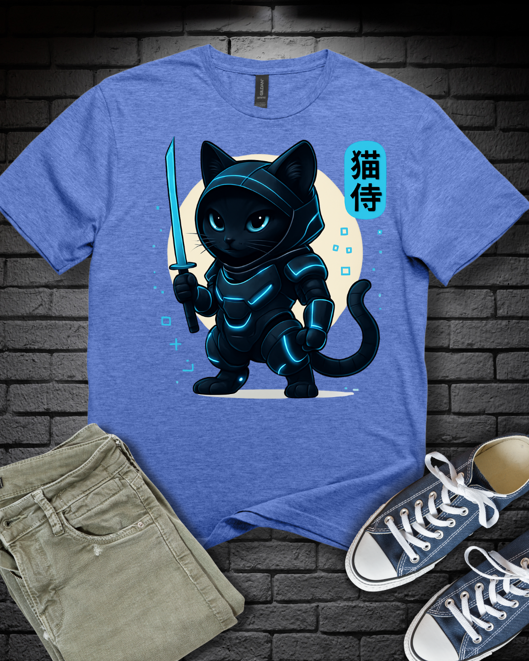 Anime Samurai Blue Cat T-Shirt