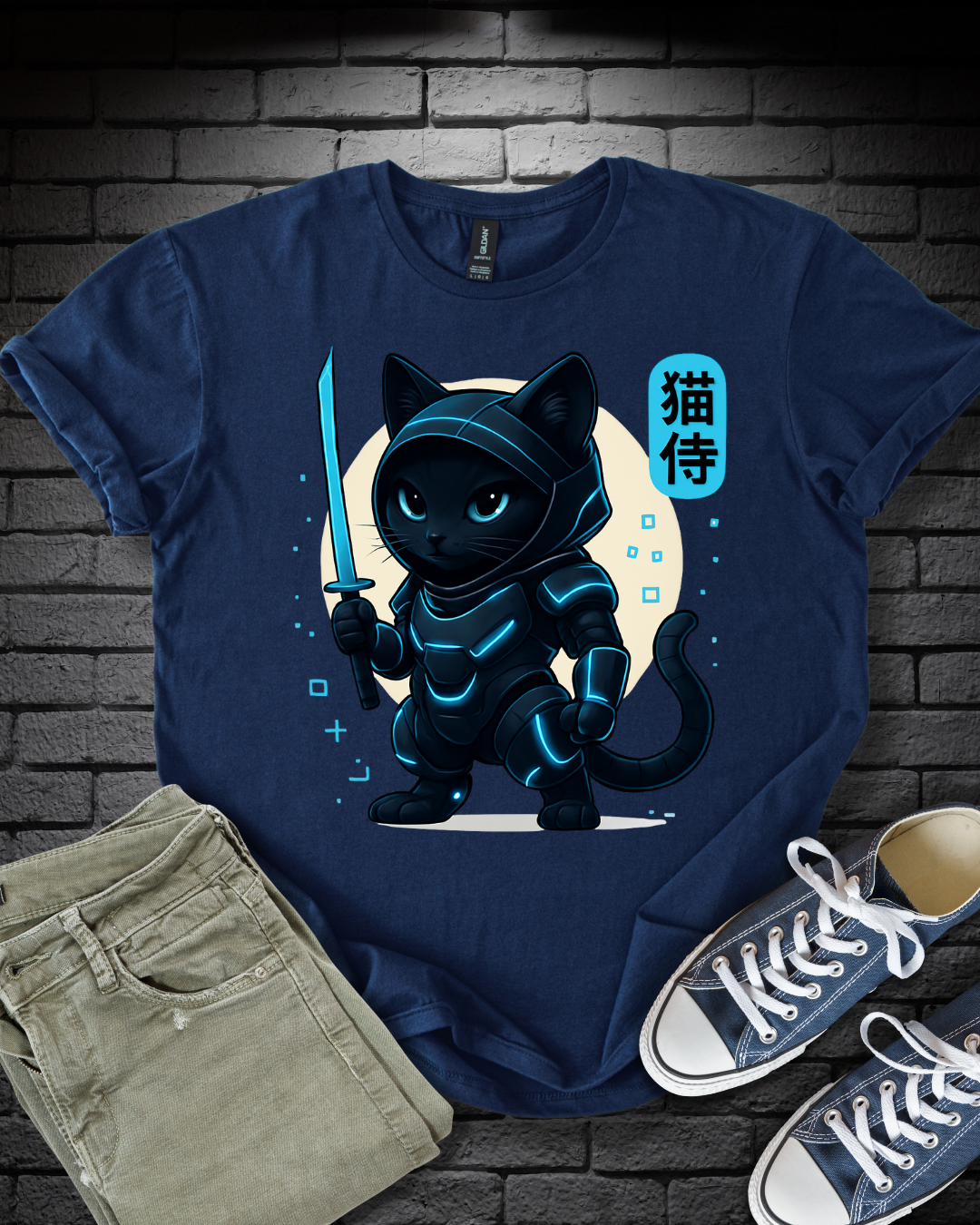Anime Samurai Blue Cat T-Shirt