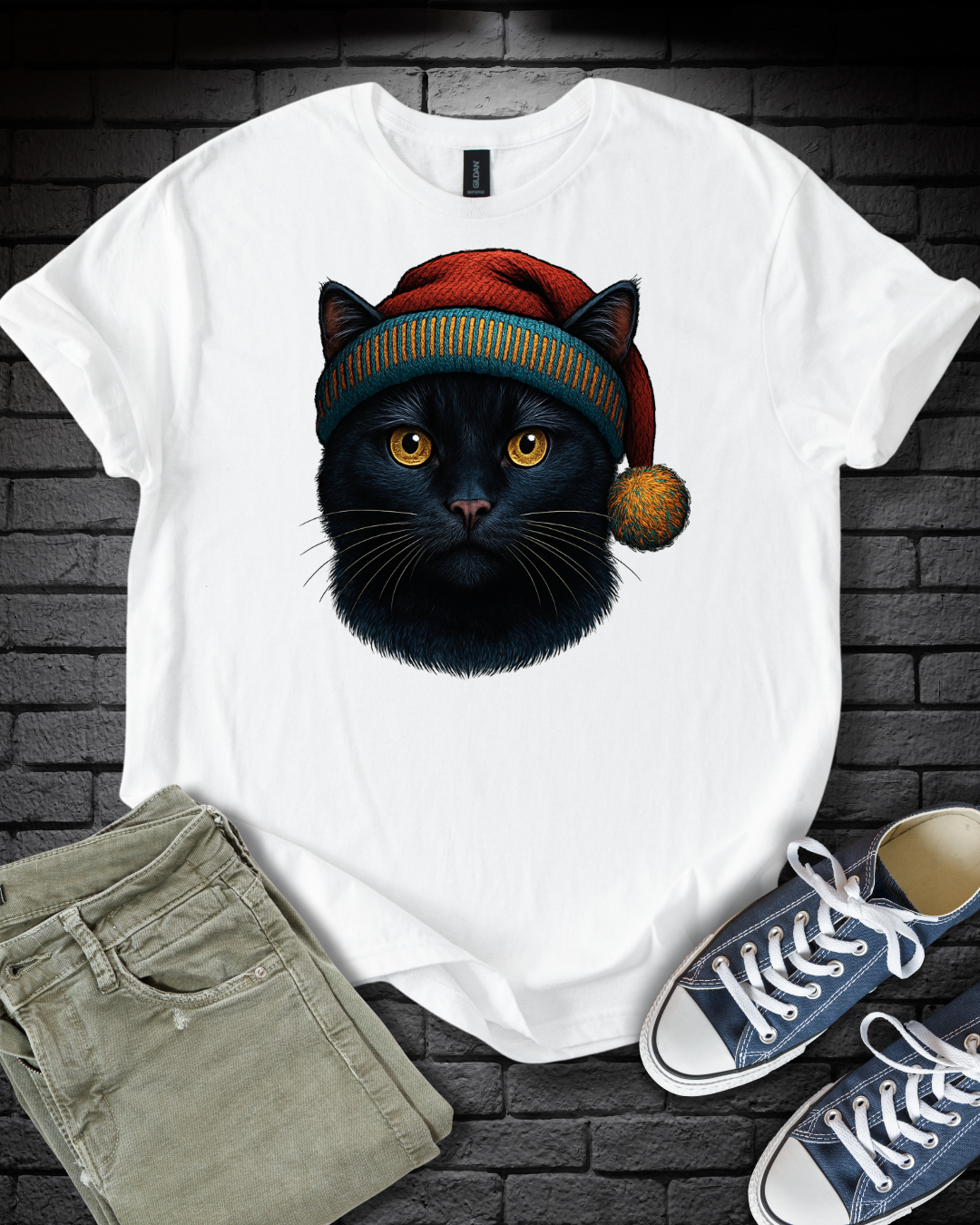 Black Cat Christmas Hat T-Shirt