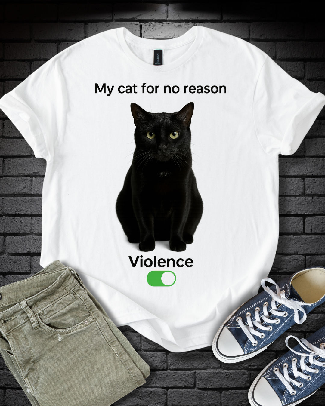 Cat Violence Button T-Shirt